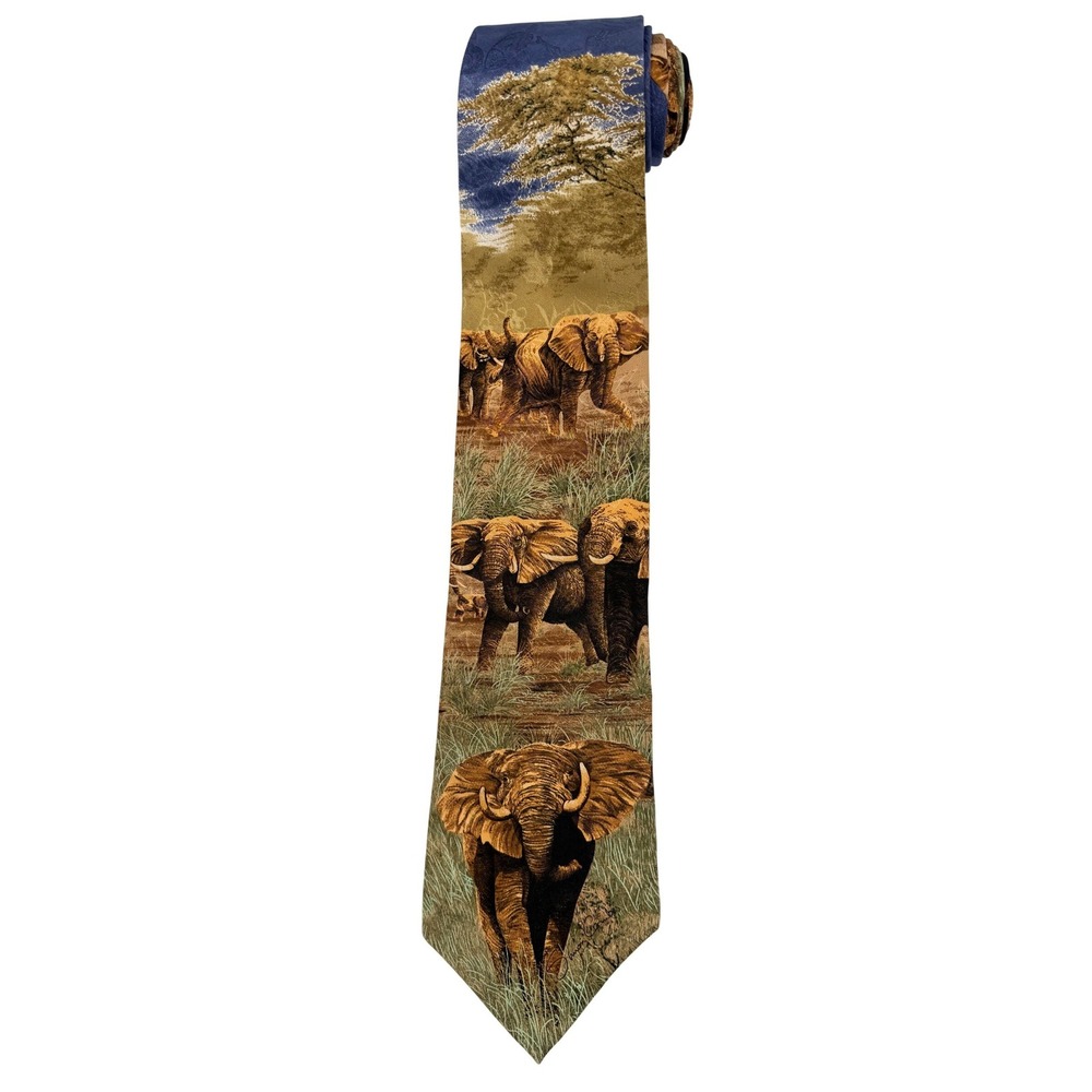 Endangered Species 'Elephant‎ Charge' 100% Silk Vintage Mens Tie Brown 56"L